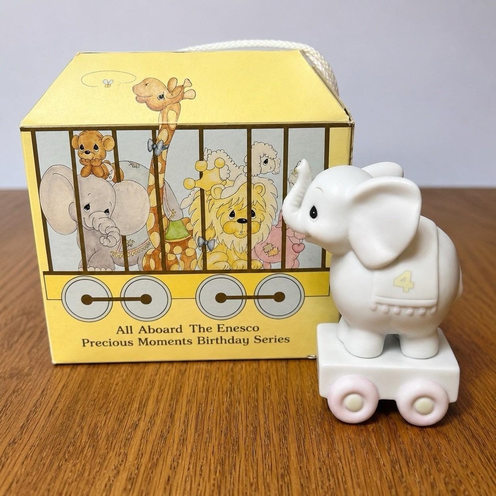 VTG Precious Moments Birthday Train 4 Year Old Elephant Figurine w/ Box Enesco